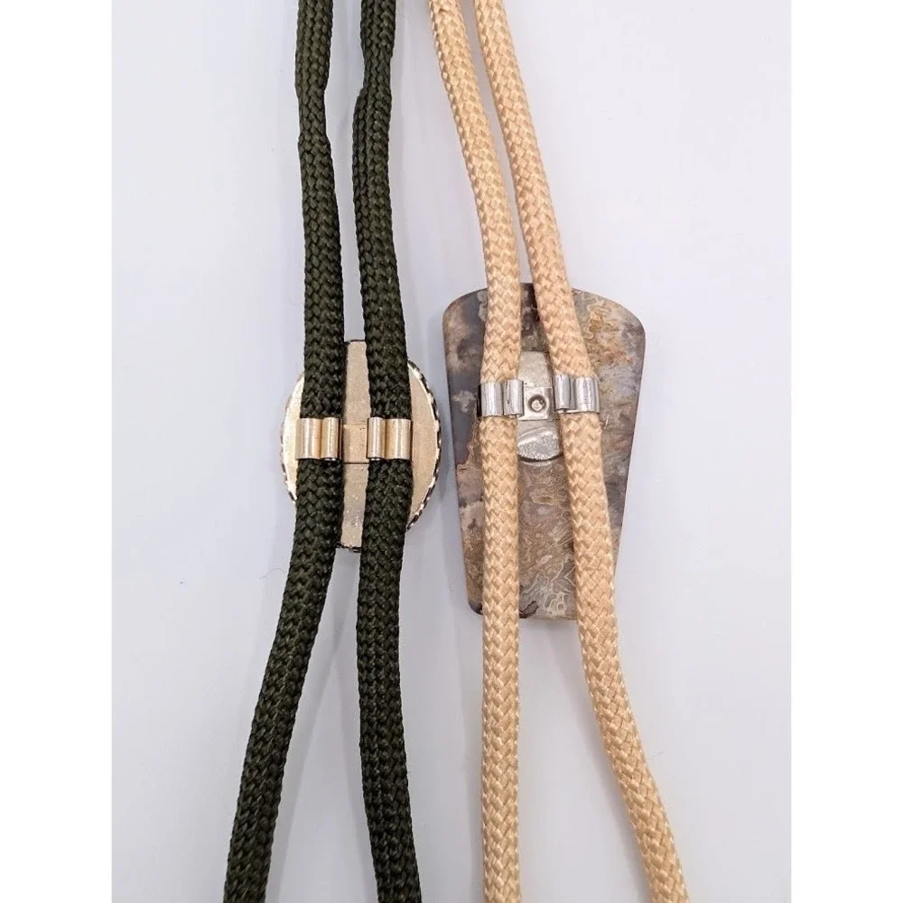 Lot of 2 Vintage Bolo Tie Green‎ and Tan Natural Stone Western Necktie Festival